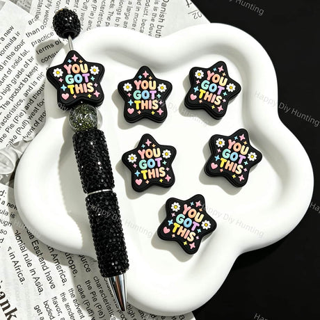 Silicone focal beads featuring a "You Got This" inspirational message and star graphic design. Soft, durable, and flexible, perfect for beadable pens, keychains, and handmade crafts.