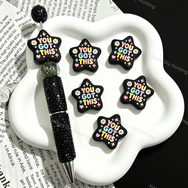 Silicone focal beads featuring a "You Got This" inspirational message and star graphic design. Soft, durable, and flexible, perfect for beadable pens, keychains, and handmade crafts.