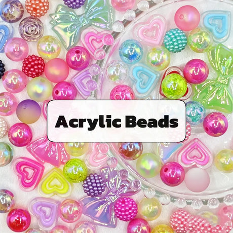 Colorful acrylic beads collection featuring hearts, bows, and iridescent round beads.