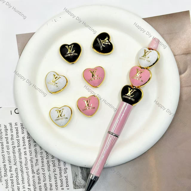 Gold trim heart shaped acrylic V*L focal beads, DIY craft beads for beadable pens, keychains and jewelry making
