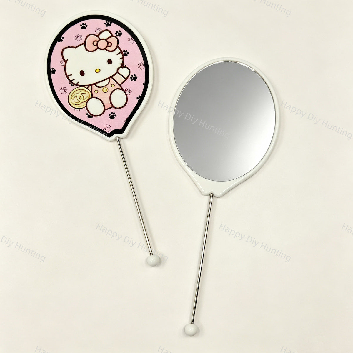Balloon cartoon print beadable make‑up mirrors with keychain bar, blank handheld mirror with metal stem for DIY bead craft supplies