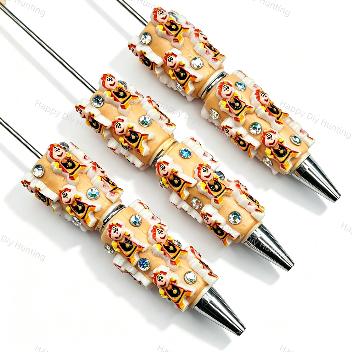 Beige little boy relief beadable pens, raised cartoon boy motifs with white trim and multi‑color rhinestones for diy handmade stationery