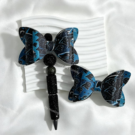 black-blue panther-head CP football print bow beads for DIY beadable pens and sports-themed crafts
