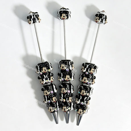 close-up black cartoon mouse beadable pen showing cartoon mouse design and beadable barrel