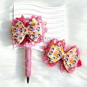 black-haired girl with sparkly pink bow beads for DIY beadable pens and jewelry crafts