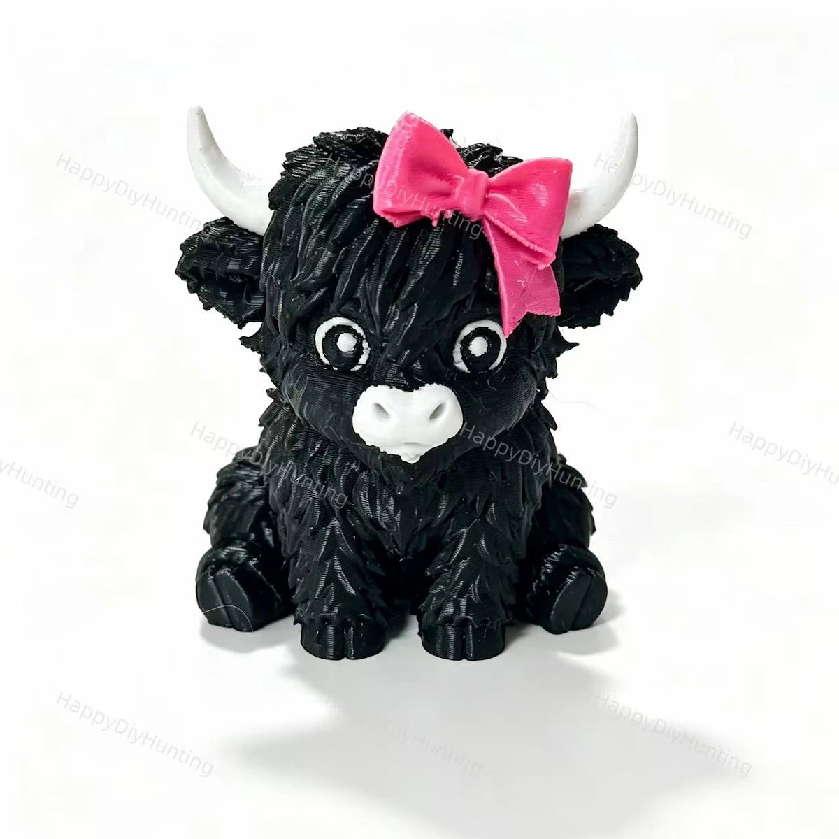 Black 3D printed hollow highland cow with pink bow no-hole pen topper for DIY beadable pens