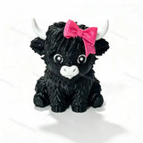 Black 3D printed hollow highland cow with pink bow no-hole pen topper for DIY beadable pens