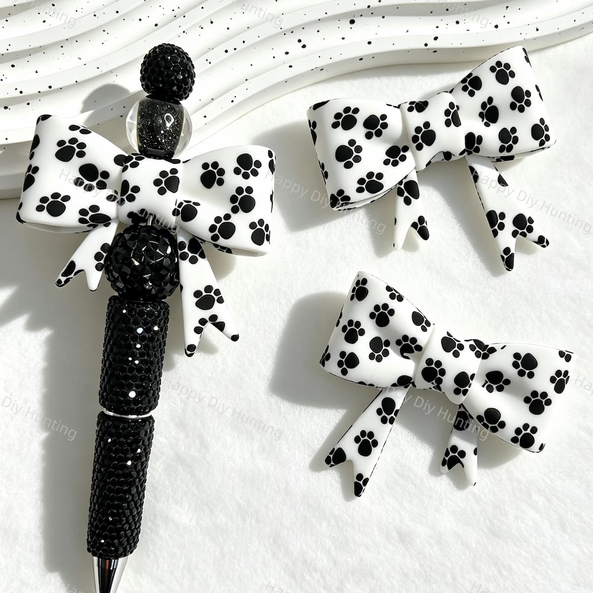 Black White Paw Print Bow Silicone Focal Beads for beadable pen DIY craft projects