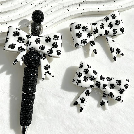 Black White Paw Print Bow Silicone Focal Beads for beadable pen DIY craft projects
