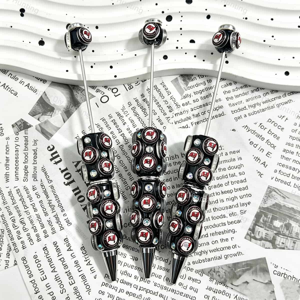 Black football emblem print beadable pens, circular printed beads with rhinestones for diy handmade stationery