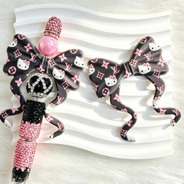 Black Pink Cartoon Cat With Floral V L Style Print Bow Silicone Focal Beads for beadable pen DIY craft projects