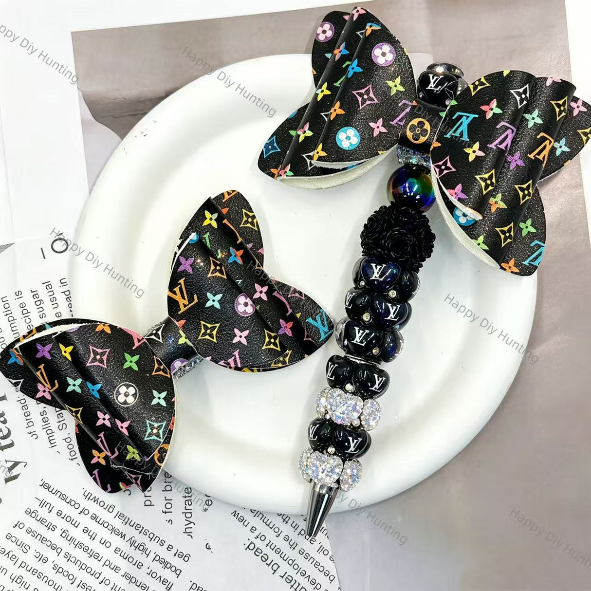 Black  printed V*L graphic decor bow beads, DIY craft supplies for beadable pens and keychains
