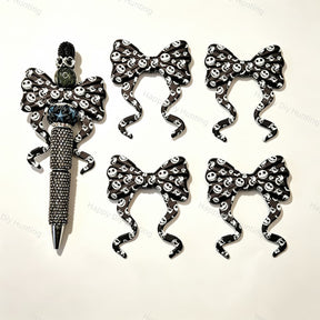 Black‑white spooky‑skull print bow silicone focal beads, curly ribbon bow large‑hole beads for beadable pen DIY craft projects