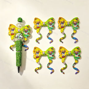 Blonde‑girl‑cartoon print bow silicone focal beads, curly ribbon bow large‑hole beads for beadable pen DIY craft projects