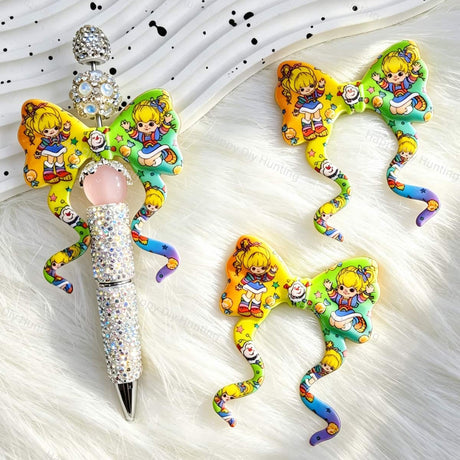 Blonde‑girl‑cartoon print bow silicone focal beads, curly ribbon bow large‑hole beads for beadable pen DIY craft projects