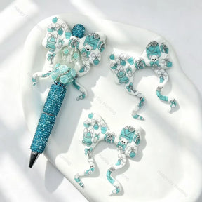 Blue gift bear print bow silicone focal beads for DIY beadable pens