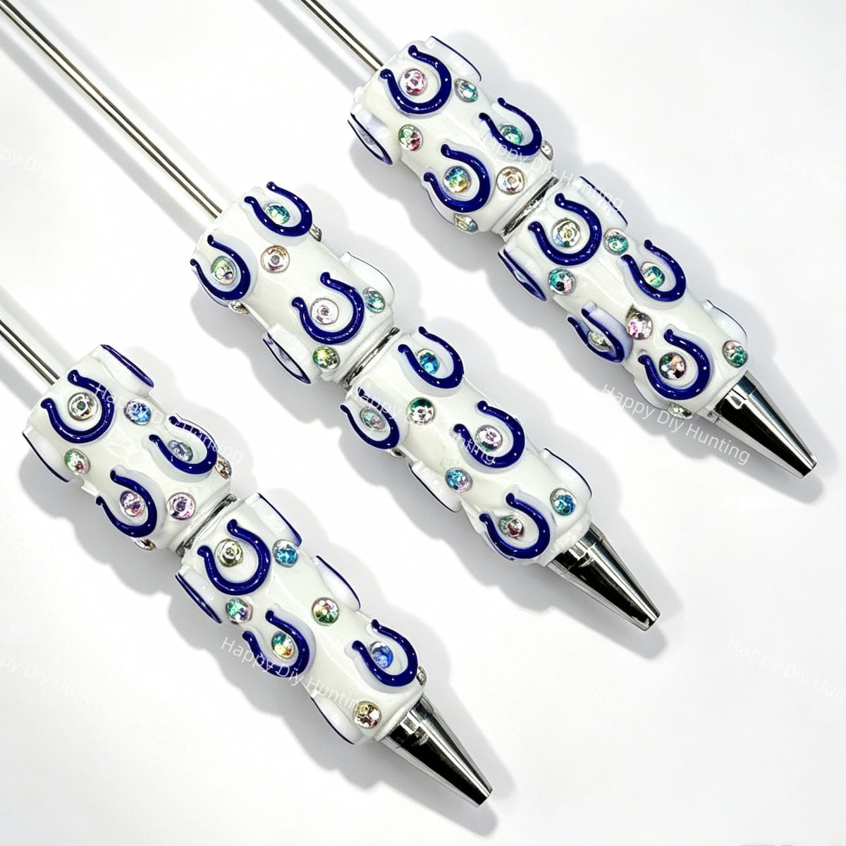blue-white horseshoe IC football print bow beads wholesale for DIY beadable pens and fan crafts