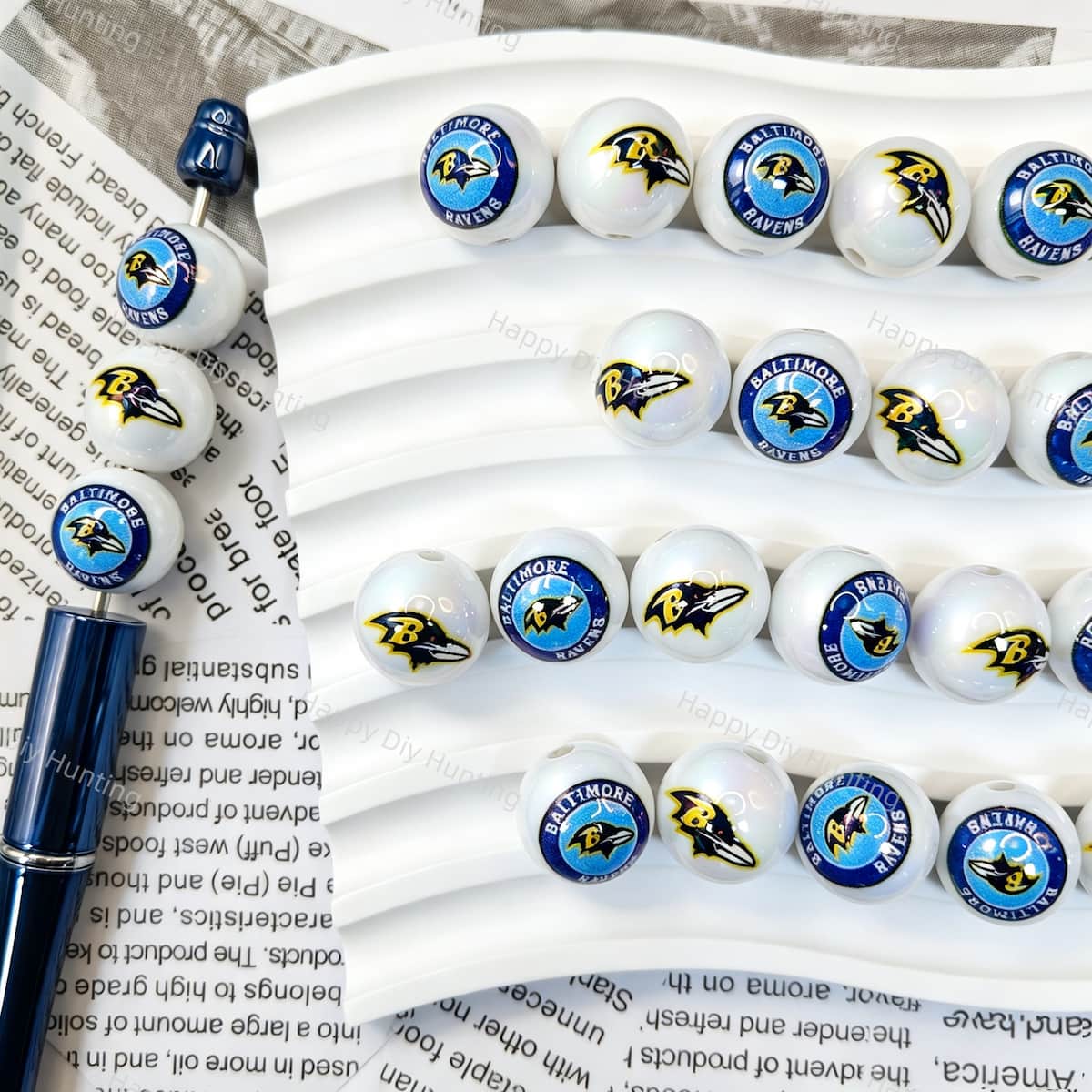 Blue black raven football pattern printed round acrylic focal beads, large hole craft beads for beadable pen and keychain DIY supplies