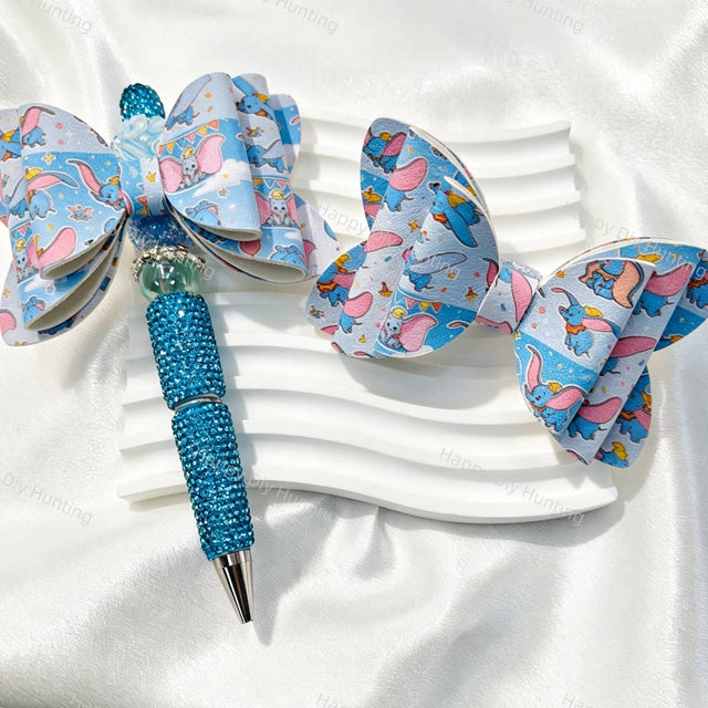Blue cartoon elephant print bow focal beads, decorative printed bow ornaments for beadable pen and keychain DIY craft supplies