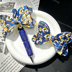 Blue‑gold logo print bow beads, decorative PU bow charms for beadable pens and handmade DIY craft projects