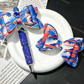Blue‑red sports‑team print bow beads, decorative PU bow charms for beadable pens and handmade DIY craft projects