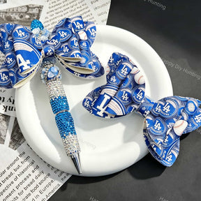Blue‑white LA baseball print bow beads, decorative PU bow charms for beadable pens and handmade DIY craft projects