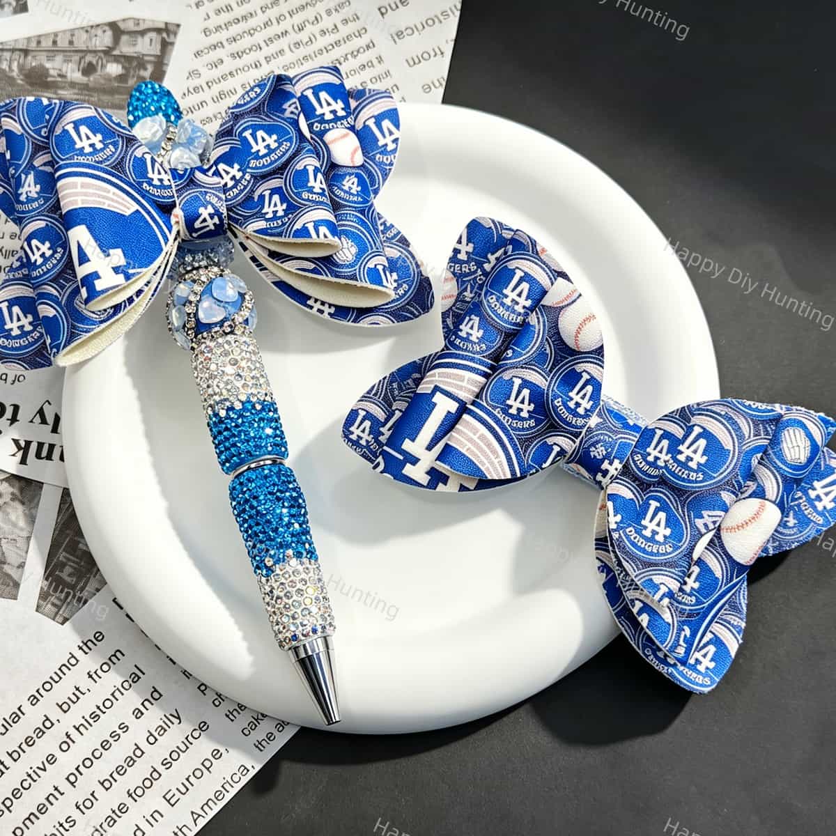 Blue‑white LA baseball print bow beads, decorative PU bow charms for beadable pens and handmade DIY craft projects