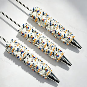 Blue‑yellow duck cartoon character beadable pens, white printed pen bases with rhinestone accents for DIY custom pen craft projects