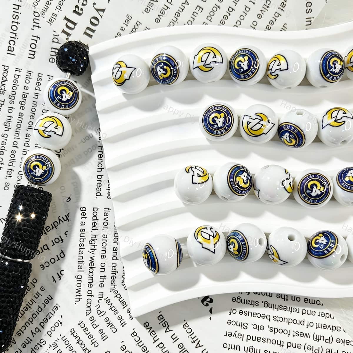 Blue Yellow LA Sport Logo Print Round Acrylic Beads for beadable pen DIY craft projects