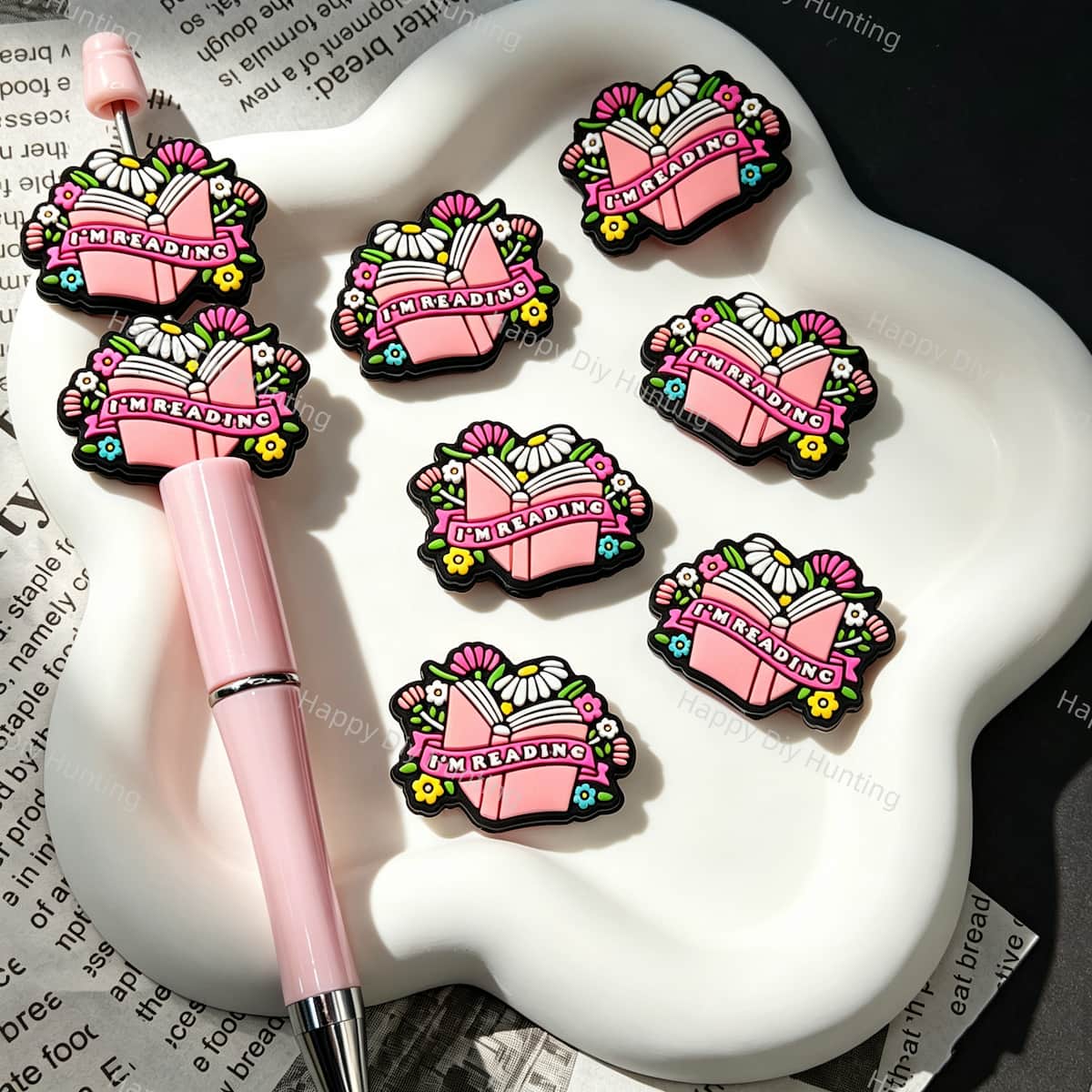 Book‑theme floral reading silicone focal beads, decorative silicone beads with open book and colorful flower prints for beadable pens and pen toppers DIY craft projects