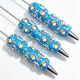 Bright blue football emblem sports beadable pens, circular printed beads with rhinestones for diy handmade stationery