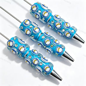 Bright blue football emblem sports beadable pens, circular printed beads with rhinestones for diy handmade stationery