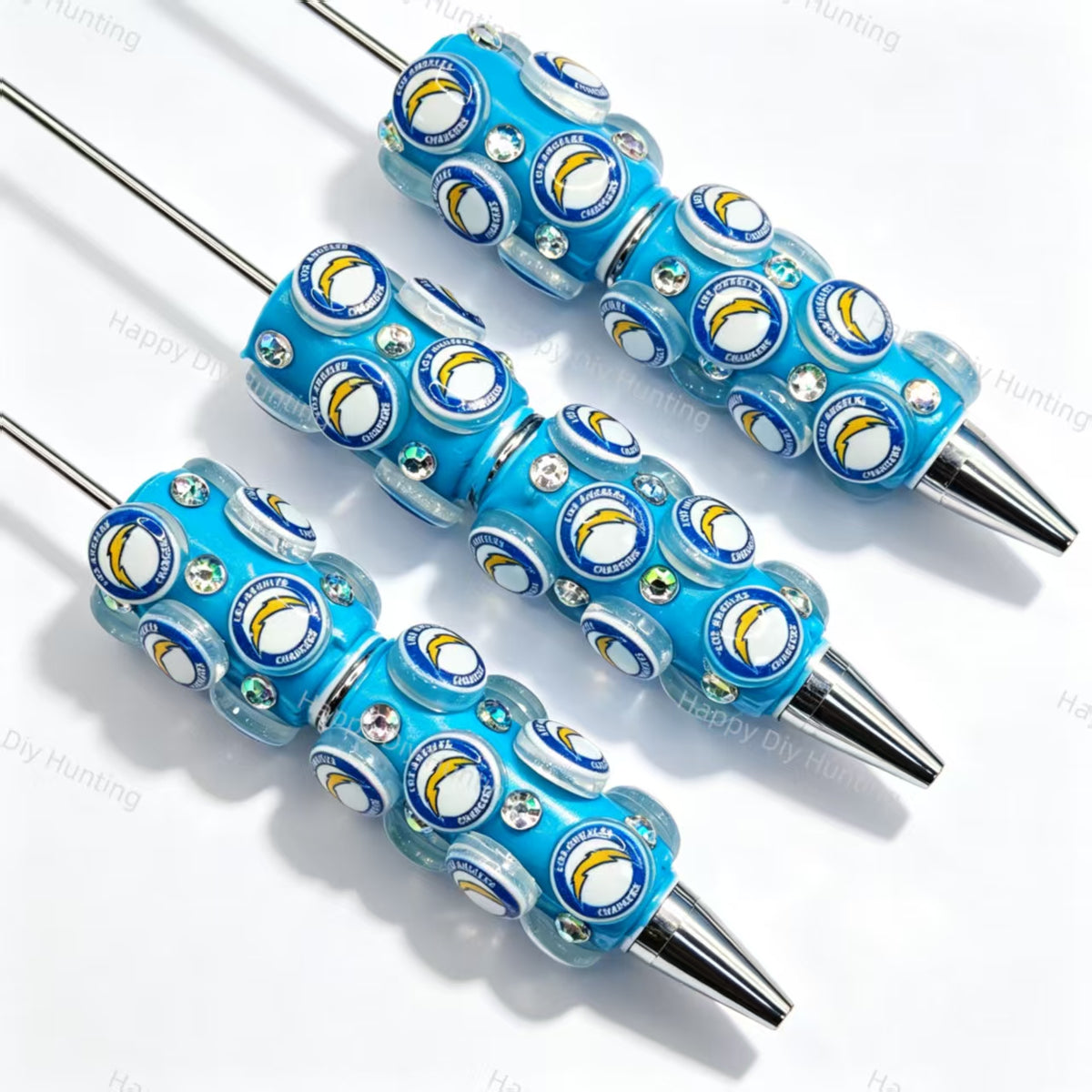 Bright blue football emblem sports beadable pens, circular printed beads with rhinestones for diy handmade stationery