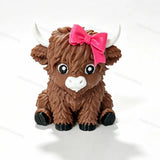Brown 3D printed hollow highland cow with pink bow no-hole pen topper for DIY beadable pens