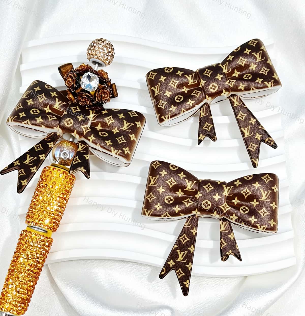 Brown Base L*V Print Bow Silicone Focal Beads for custom beadable pen handmade DIY craft projects