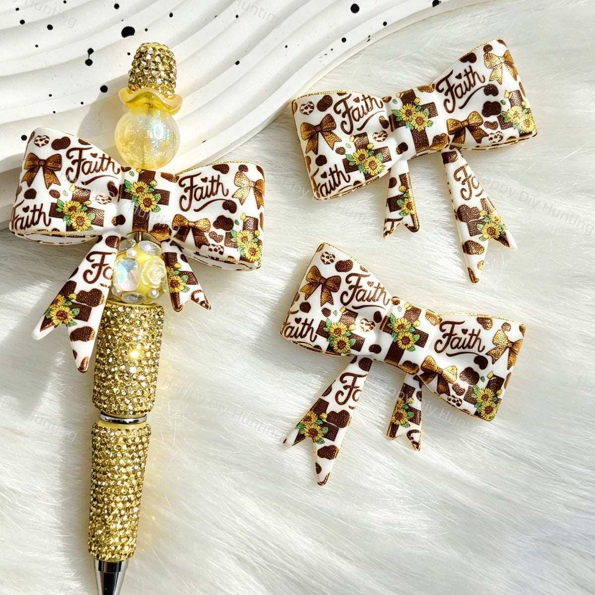 Brown White Faith Sunflower Print Bow Silicone Focal Beads for beadable pen DIY craft projects