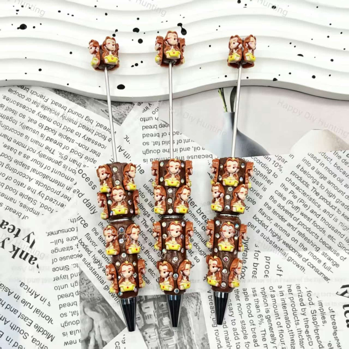 brown‑toned princess figurine bling beadable pens, character themed pen bases for diy stationery craft and handmade gift making