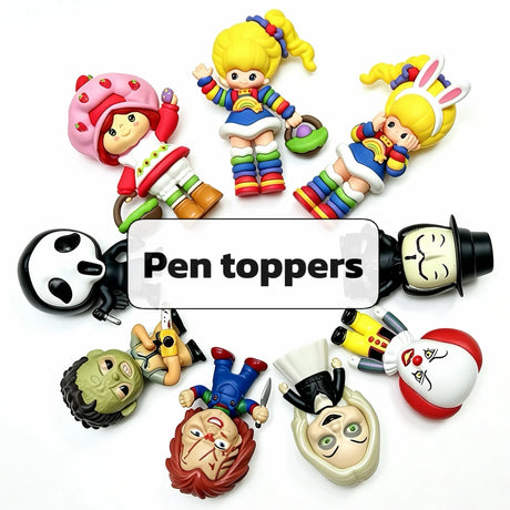 Assorted colorful cute doll and spooky character silicone pen toppers for DIY beadable pens.