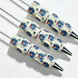 Blue animal‑patch PU cartoon character beadable pens, decorative diy craft pens compatible with silicone focal beads and pen toppers