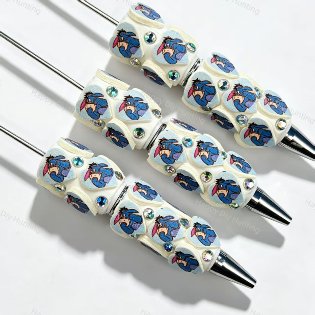 Blue animal‑patch PU cartoon character beadable pens, decorative diy craft pens compatible with silicone focal beads and pen toppers