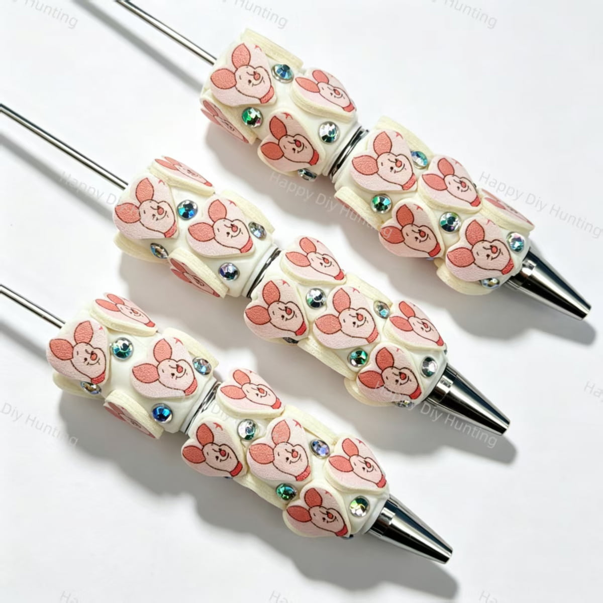 Pink animal‑patch PU cartoon character beadable pens, decorative diy craft pens compatible with silicone focal beads and pen toppers