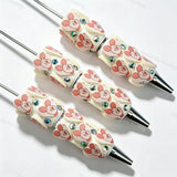 Pink animal‑patch PU cartoon character beadable pens, decorative diy craft pens compatible with silicone focal beads and pen toppers