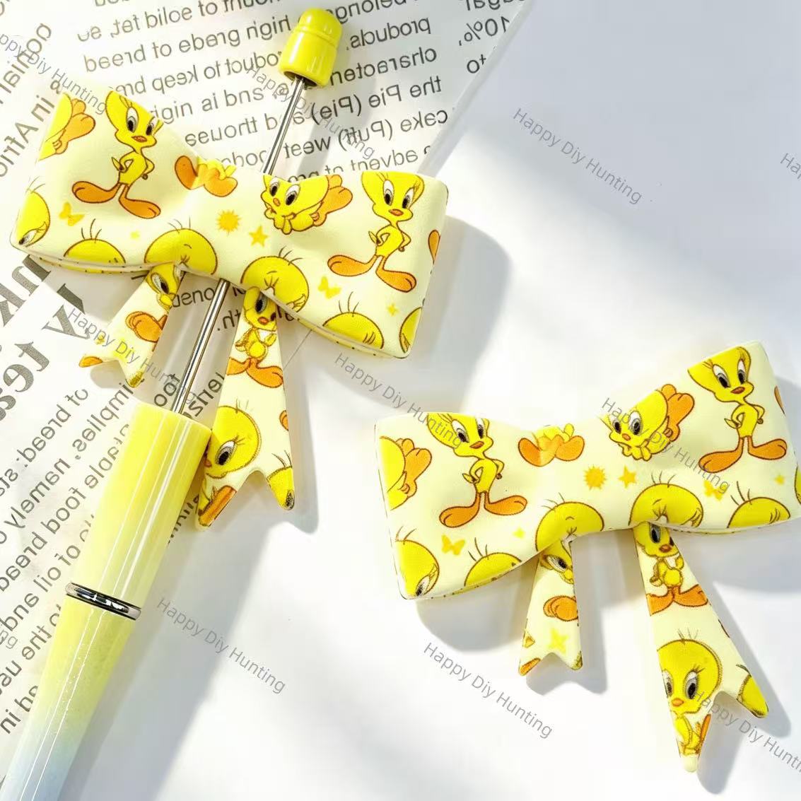 cartoon bird printed bow silicone focal beads cute animal theme for diy jewelry and pen making