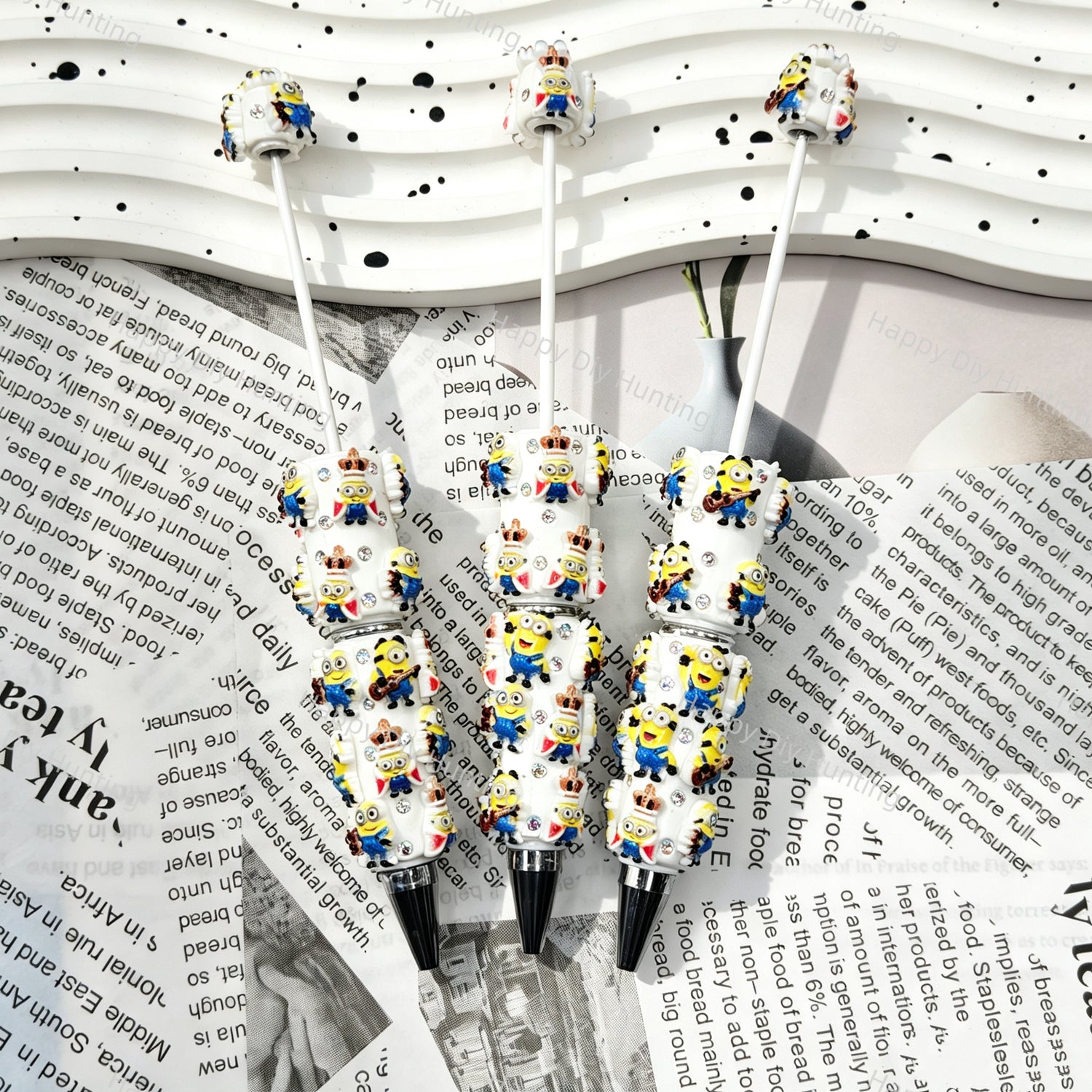 cartoon yellow character figurine glitter bling beadable pens, cartoon themed pen bases for diy stationery craft and handmade gift making