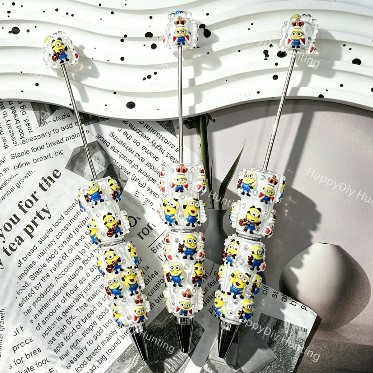 cartoon yellow character figurine glitter bling beadable pens, cartoon themed pen bases for diy stationery craft and handmade gift making