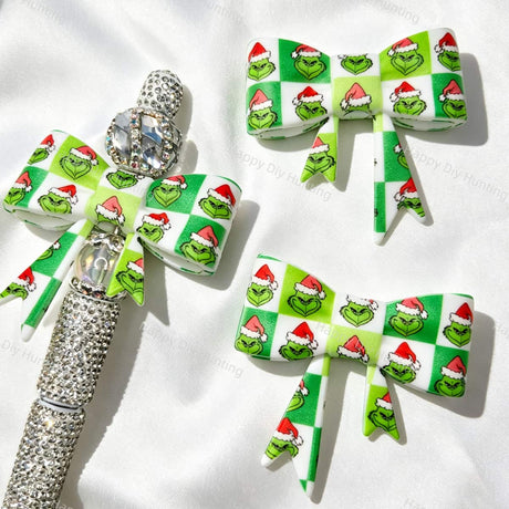 Christmas Checkered Holiday Figure Print Silicone Focal Bow Beads for beadable pen DIY craft projects