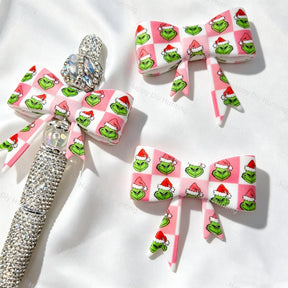 Christmas Checkered Holiday Figure Print Silicone Focal Bow Beads pink color option for beadable pen DIY craft projects