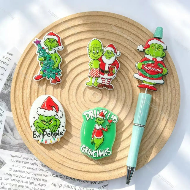 festive christmas green character printed acrylic focal beads for diy beadable pens and keychain craft supplies