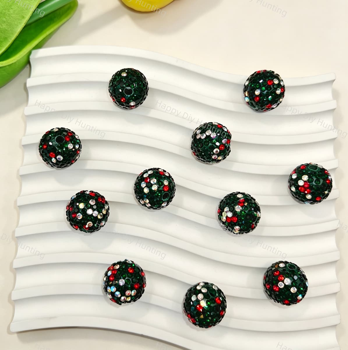 Dark green christmas rhinestone focal beads, sparkly crystal beads for holiday DIY craft supplies