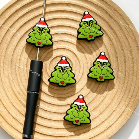 Christmas tree shaped green character silicone focal beads for DIY pens and holiday-themed handmade crafts